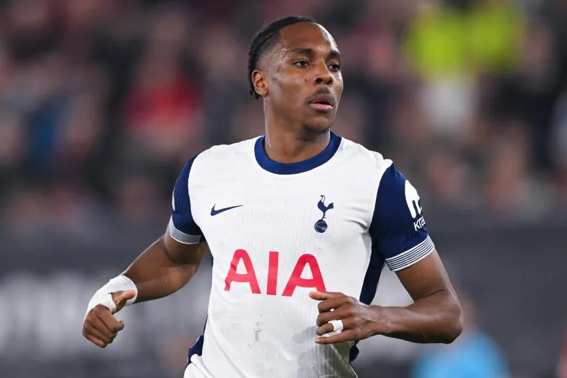 Tottenham Hotspur’s striker Mathys Tel and defender...